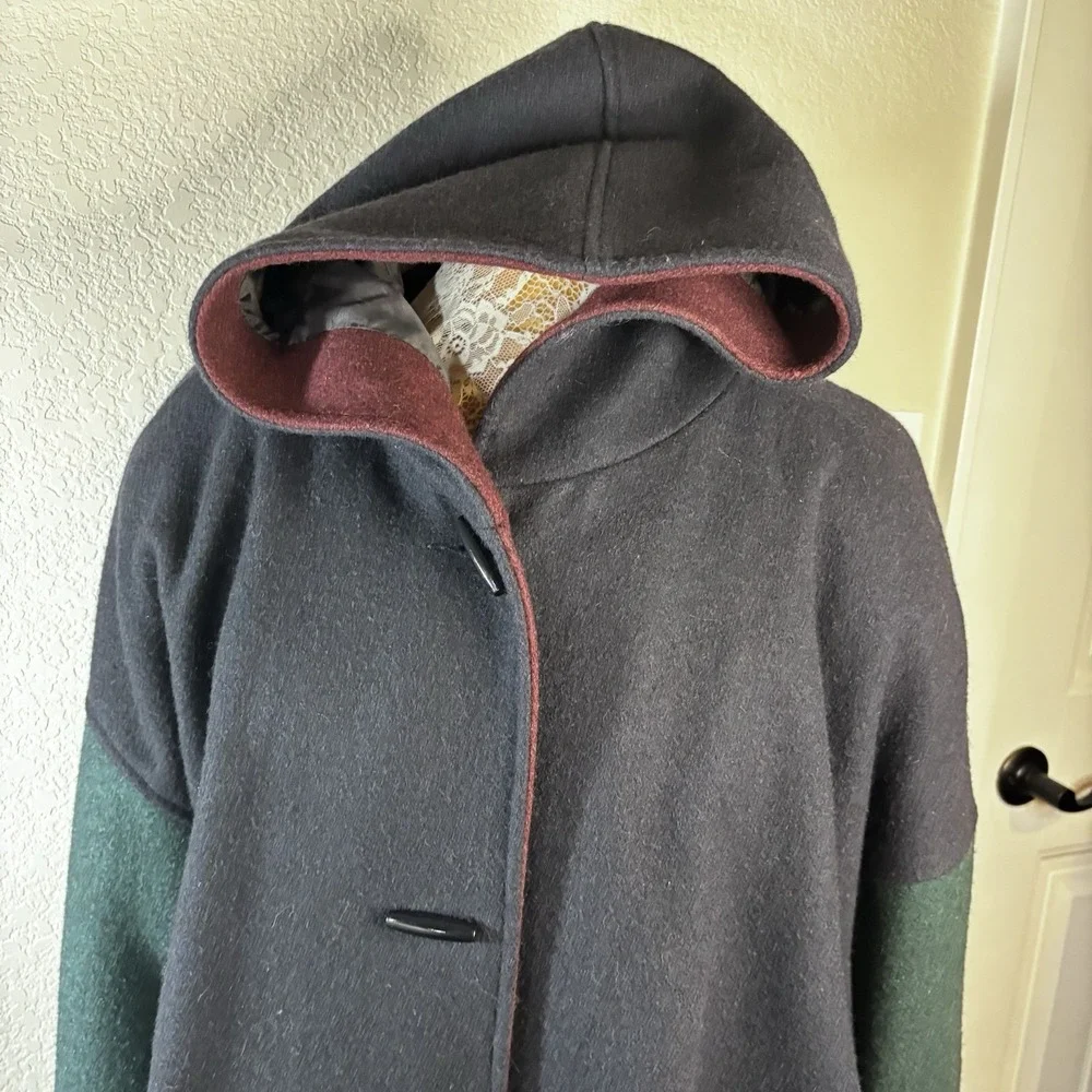 Vtg 90's Wool Coat W/ Hood  Color Block  New York Girl  Sz 24 1/2‎ Womens Cozy